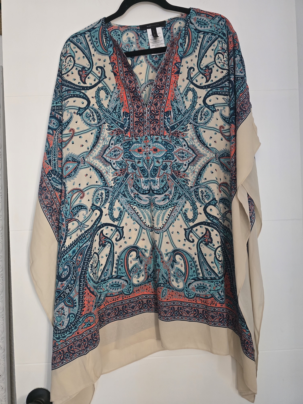 BCBGMAXAZRIA Inesa Paisley Print Kaftan Poncho Tunic Top Blue Coral Small